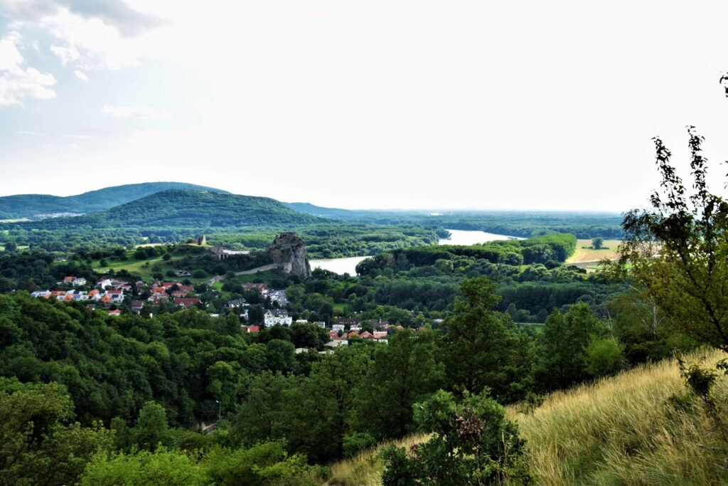 view of Devín Castle and the Danube valley from a hill outisde the villag of Devín, Slovakia