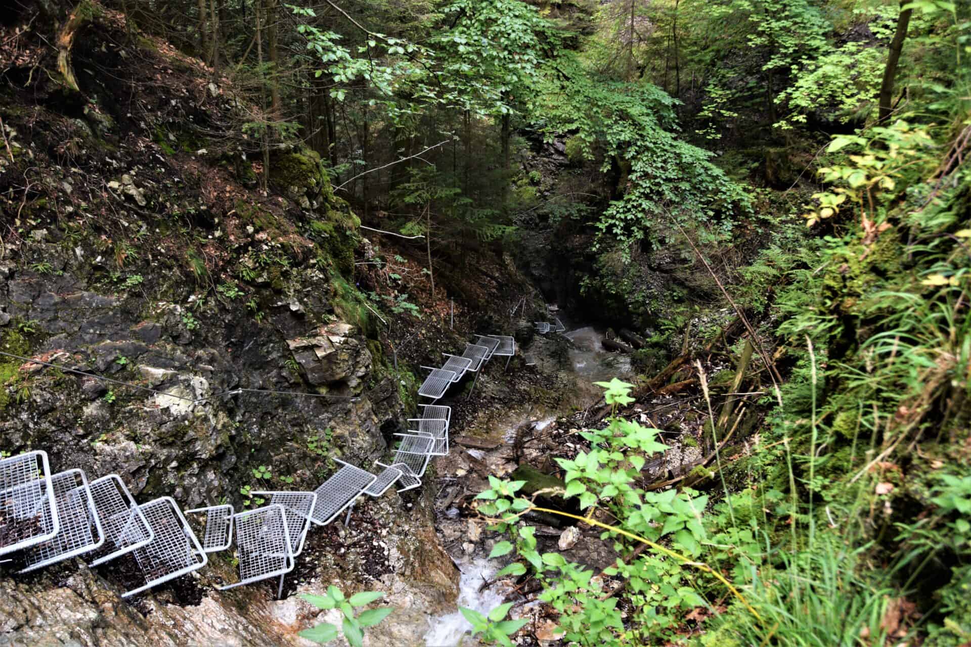 a series of metal steps leading down into a gorge next to a small stream surrounded by luch vegetation, Suchá Belá Gorge, Slovakia