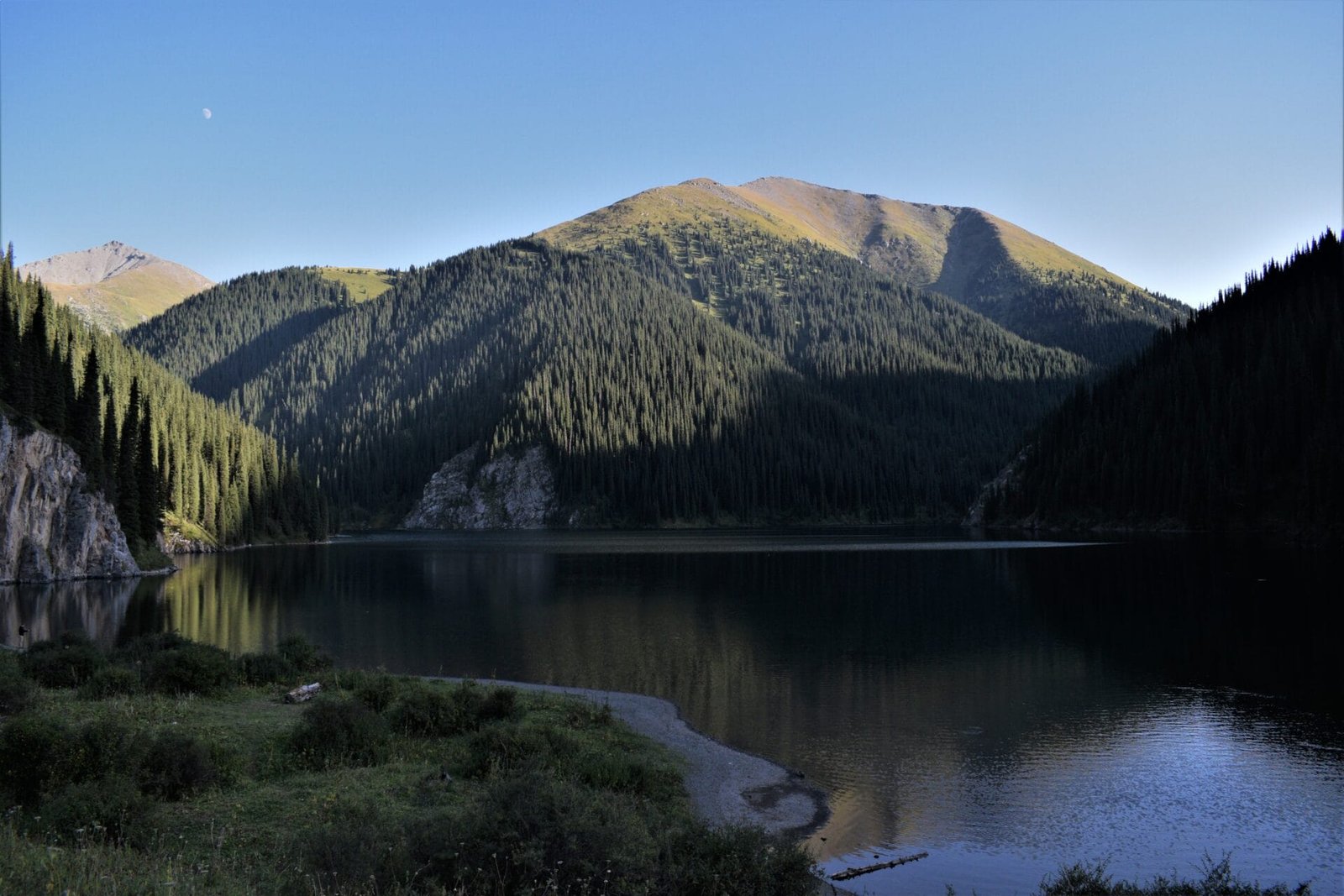 the sun sets over verdant meadows and conifer forest surrounding a still alpine lake