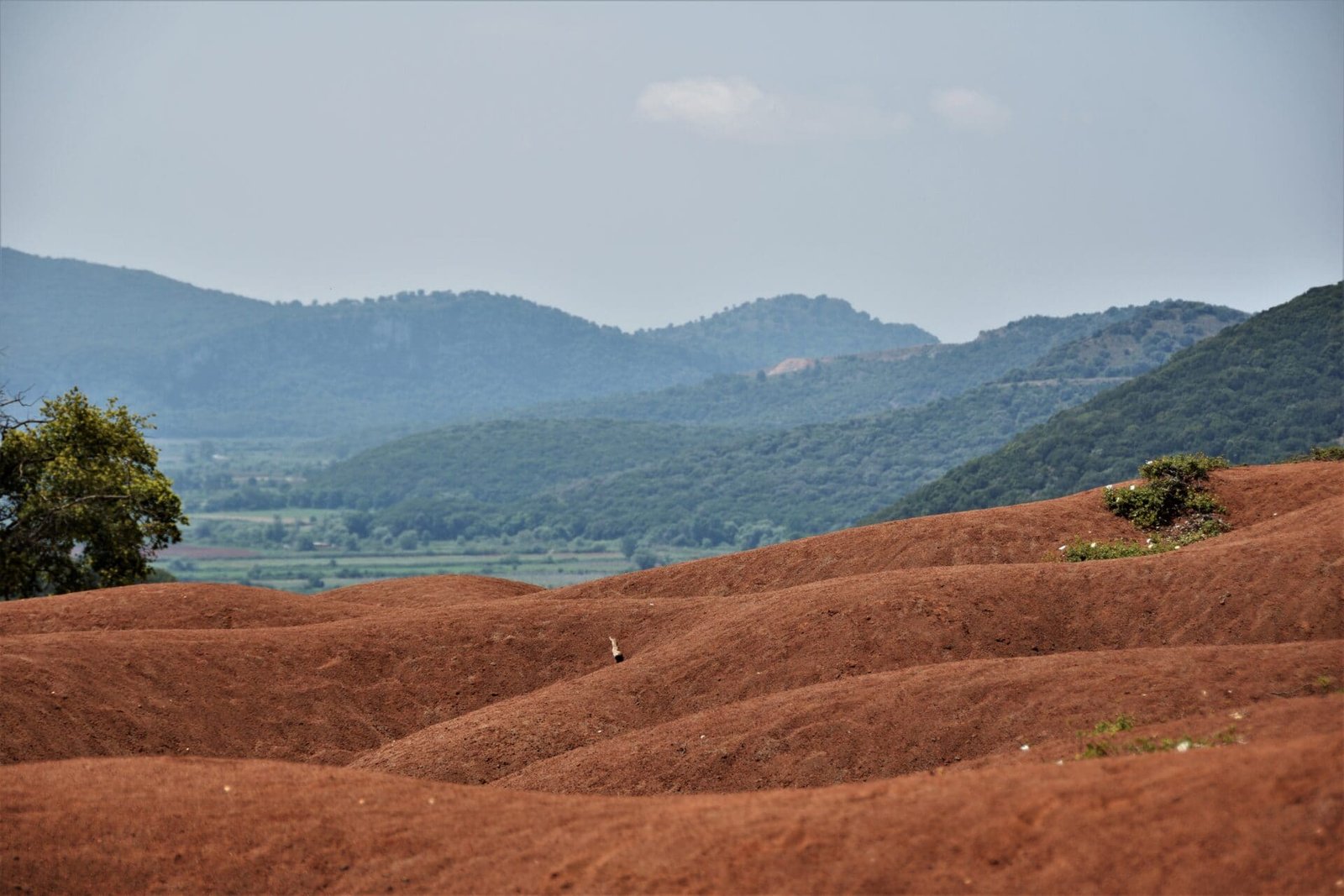 an undulating red clay landscape in front of green hills