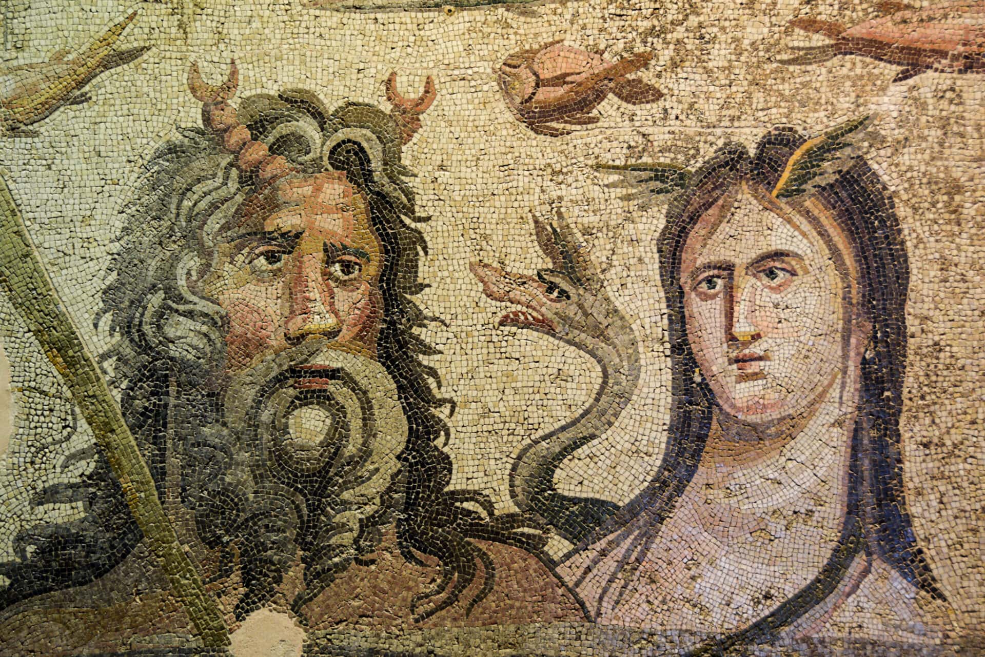 an intricate Roman mosaic showing the river god Oceanos and his wife Tethys