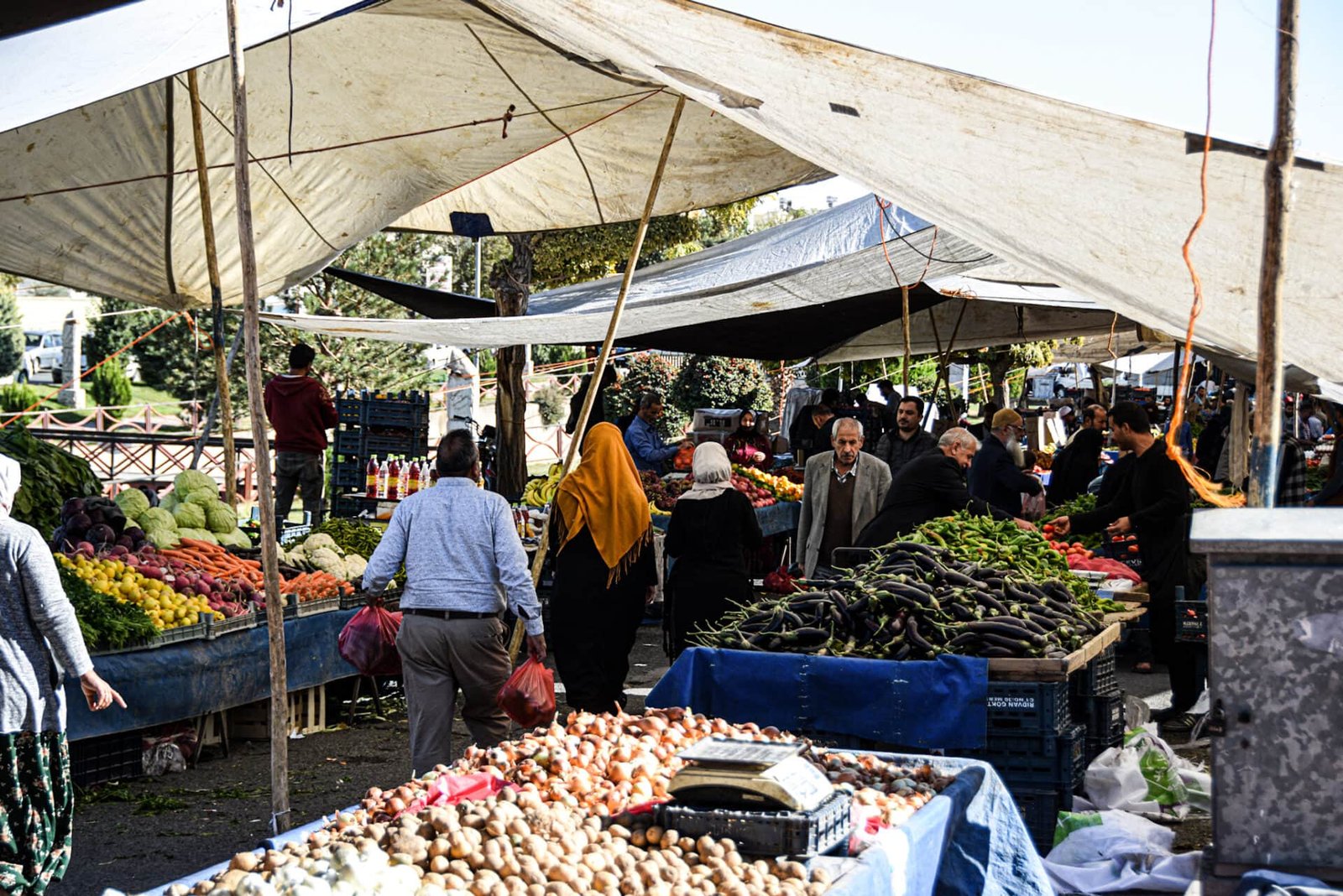 people walk through a fruit and vegetable bazaar covered by awnings