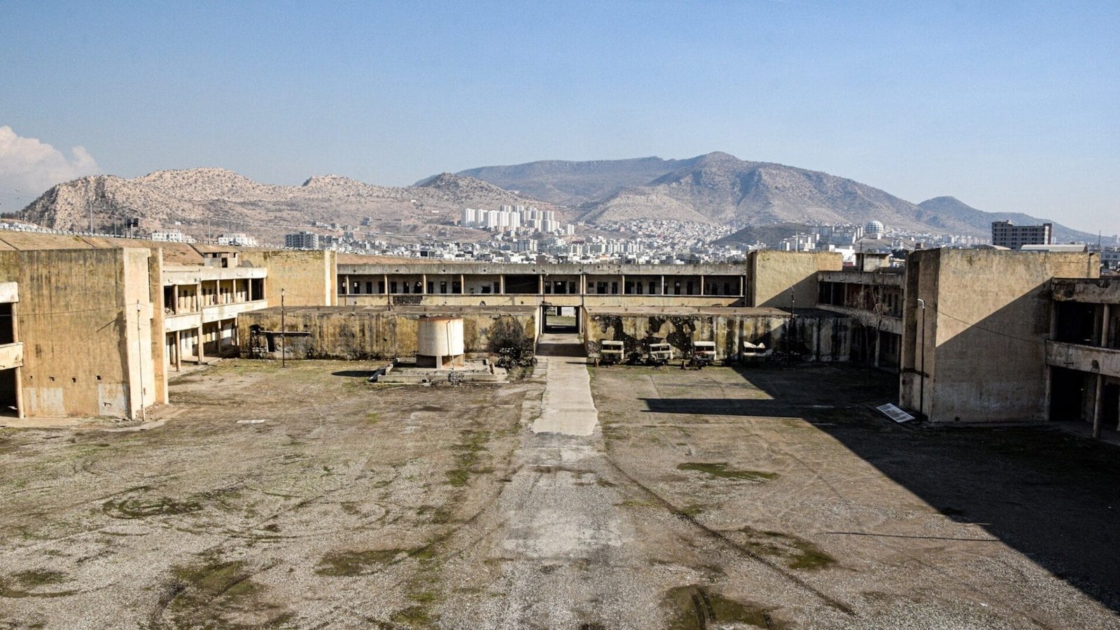 panorama view of the inner courtyard of an abandoned Iraqi prison