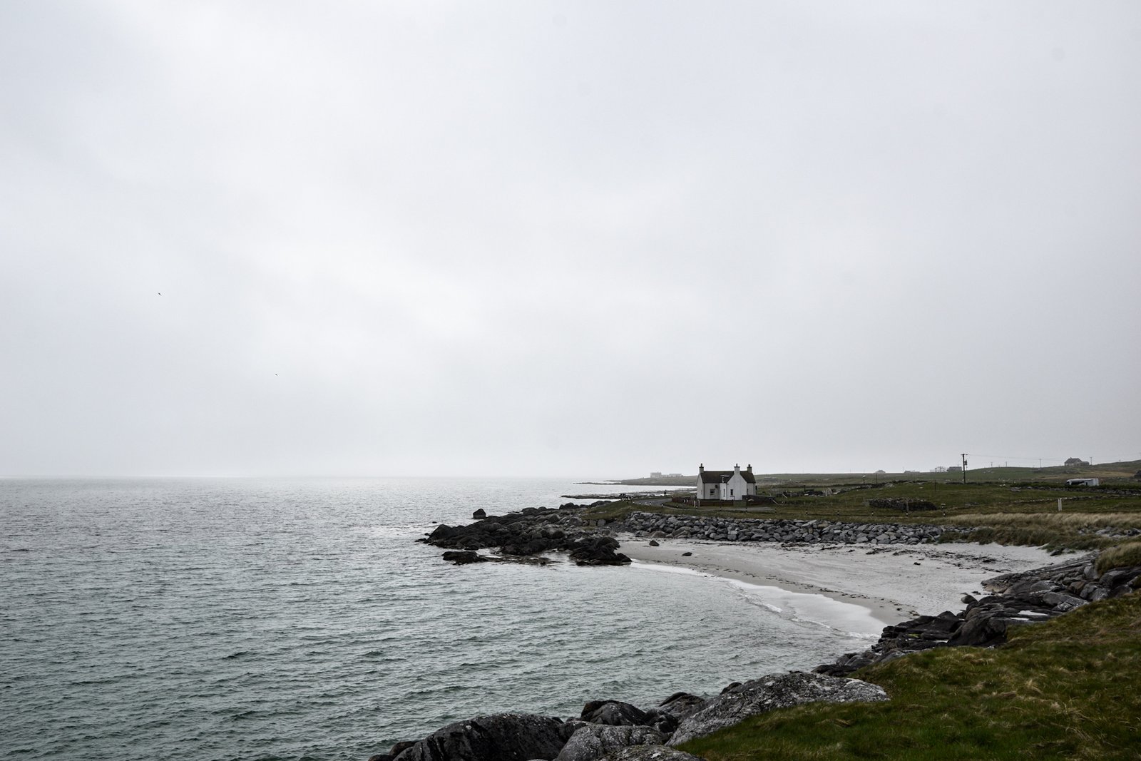 fog obscures the horizon behind a small cove